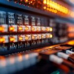 Illustration of a high density computing rack with liquid cooling tubes snaking through glowing GPUs in a modern data center.