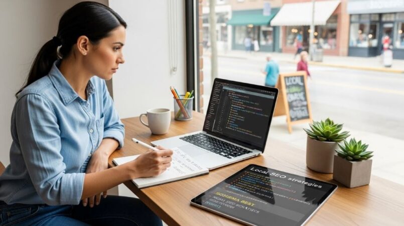 Local business owner implementing schema markup on website to improve local SEO rankings and search visibility