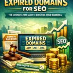 Laptop screen showing expired domain listings and SEO metrics for analysis