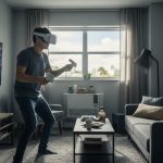 Miami gamer using wireless VR headset inside modern small apartment