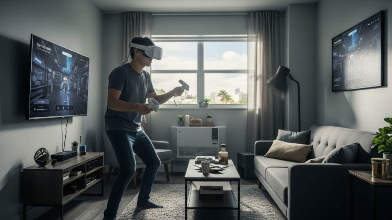 Miami gamer using wireless VR headset inside modern small apartment