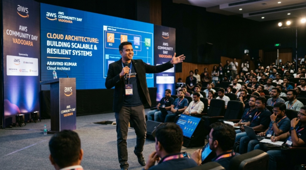 Speaker presenting cloud architecture session at AWS Community Day Vadodara