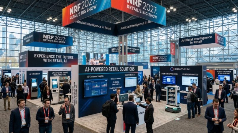 NRF 2027 Retail's Big Show exhibitors and AI technology on the Javits Center expo floor in New York City